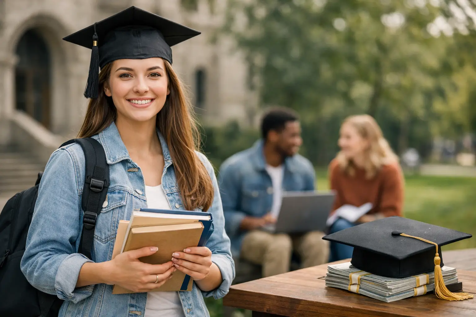 Estudante universitária com capelo segurando livros em campus representando bolsa de estudo para graduação presencial